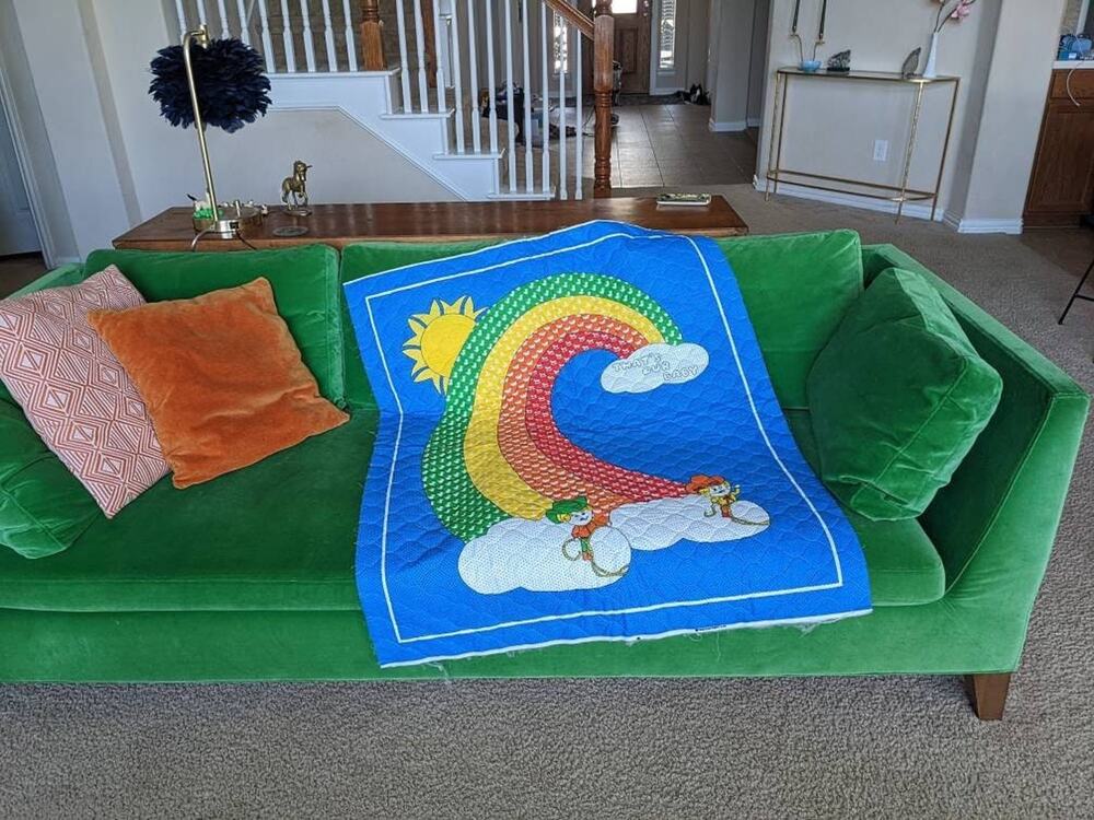 vintage 80s blue RAINBOW Cowgirl & Cowboy BABY BLANKET novelty print toddler